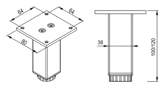 Чертеж и размеры:  опора мебельная квадратная, регулируемая (38x38). Rejs.