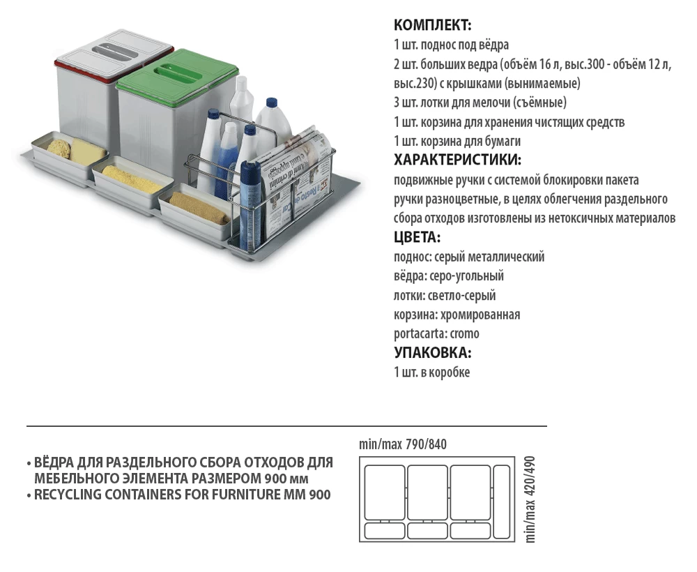 Характеристики контейнера для раздельного сбора  мусора.  Inoxa Divisione Plast 97DA/9022.