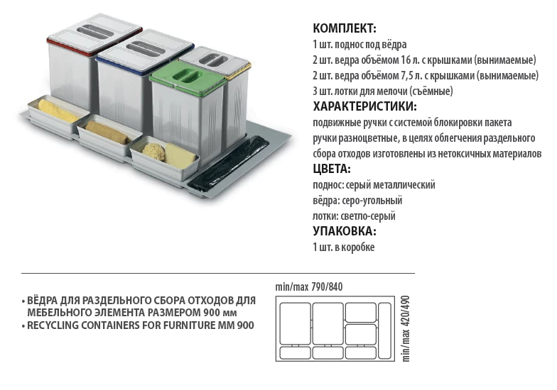 Характеристики контейнера для раздельного сбора  мусора.  Inoxa Divisione Plast 97DA/9022.